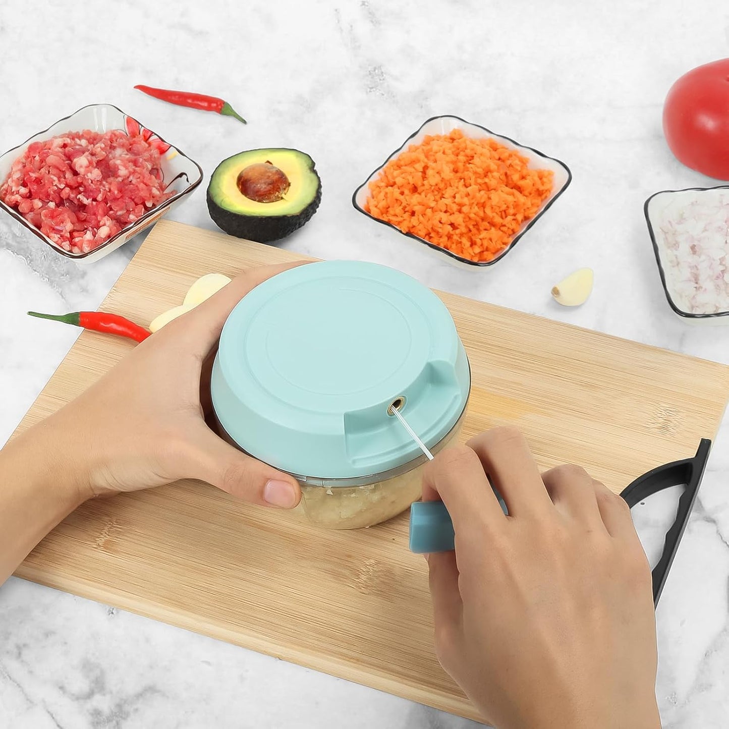 Garlic Chopper Mini Manual Hand Food Chopper for Kitchen Onion Dicer Crusher Garlic Mincer Blue 160ml
