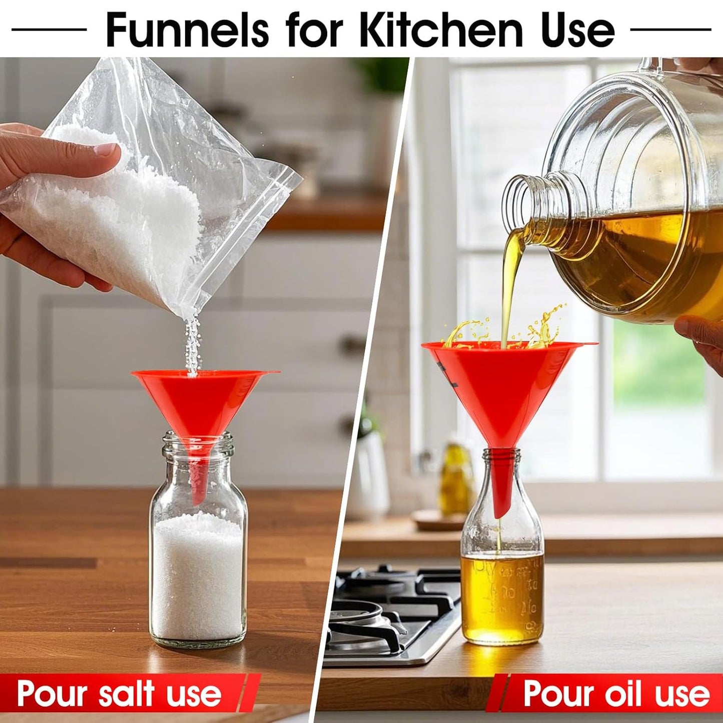 DEDC Oil Funnels, Plastic Gas Funnels Set for Car, Automotive, Kitchen, Mini Small Large Red (8pcs)