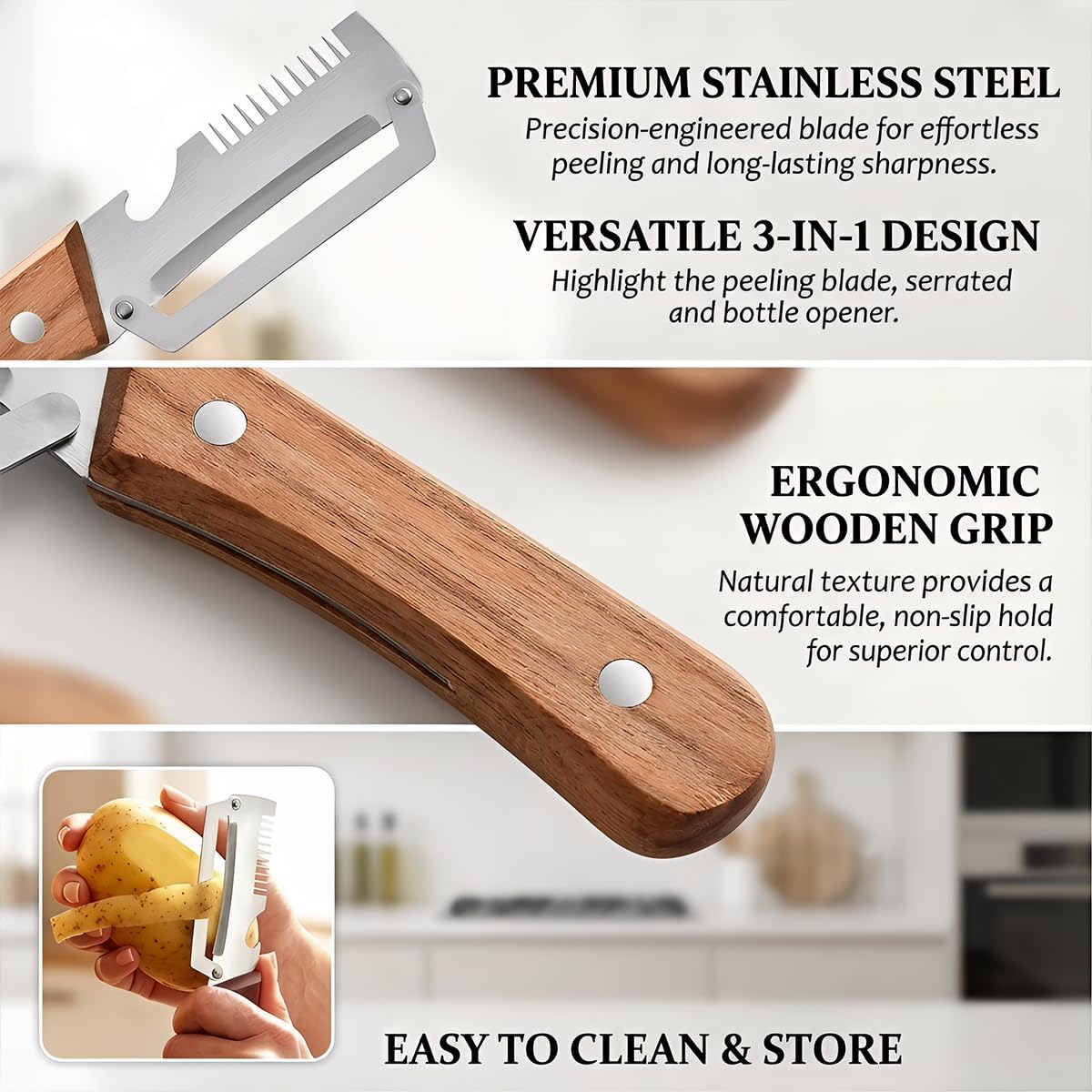 2-Pack Premium Vegetable Peeler with Wooden Handle and Bottle Opener, Multi-Functional Vegetable Peeler for Kitchen, Kitchen Gadgets Tool for Fruit Pumpkin Peeling Potato Carrot Veggie Peeler