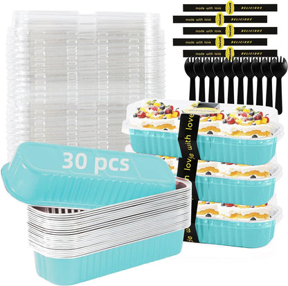 Mini Loaf Pans with Lids and Spoons Sealing Sticker,30 Pcs 6.8oz Cake Pans for Baking Disposable Aluminum Foil Christmas Cake Pan (30 PCS GOLD)