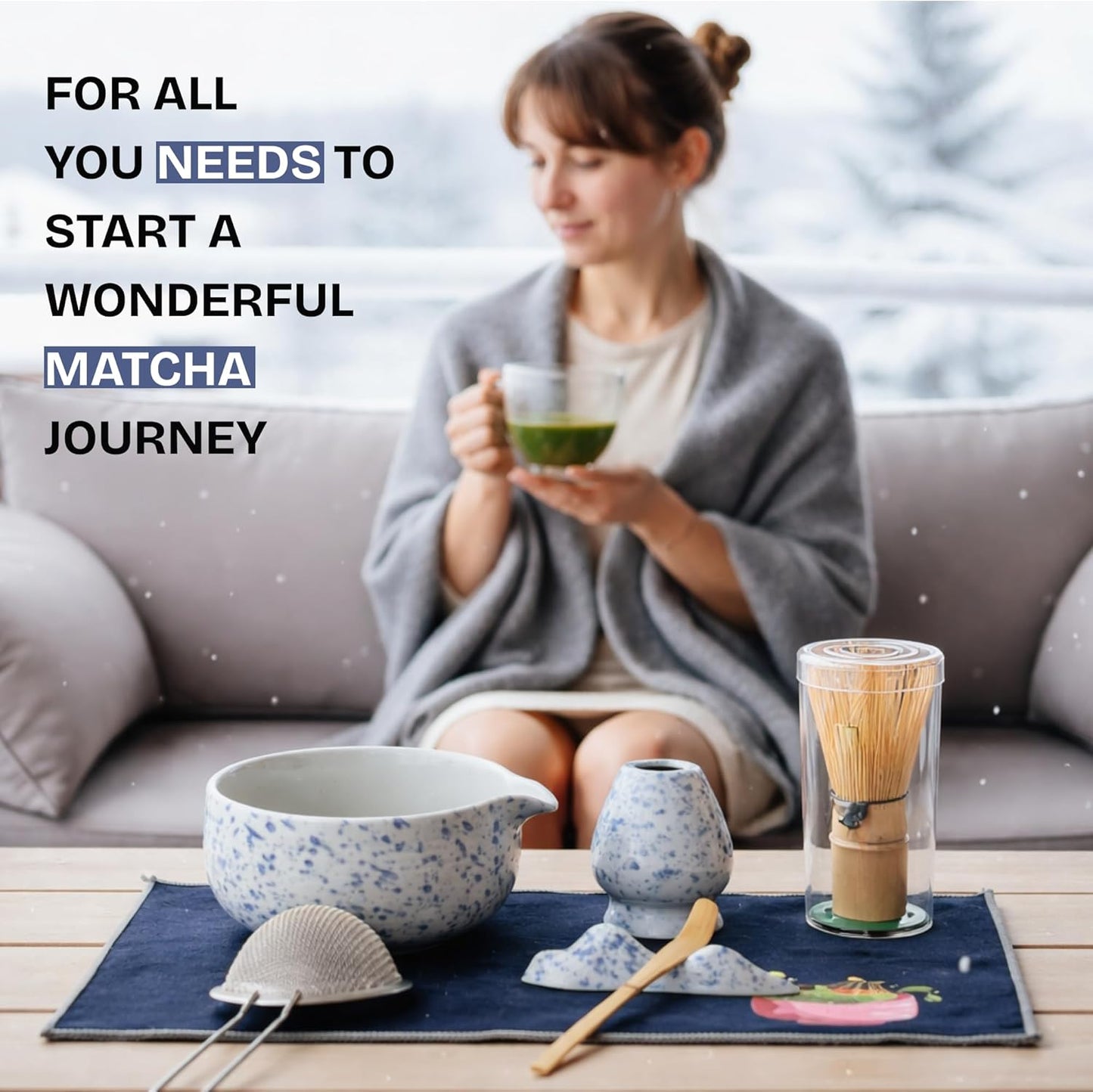8-Piece Matcha Whisk Set with Bowl, Bamboo Matcha Whisk, Whisk Holder, Scoop & Sifter, Traditional Matcha Kit for Ceremonial Matcha Tea & Lattes, Green