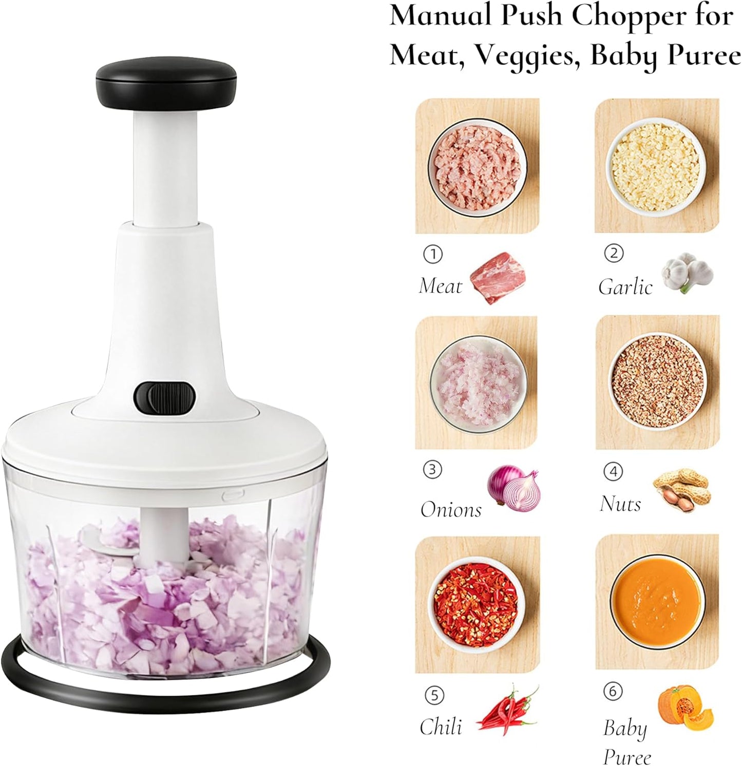 Manual Food Chopper Hand Push Express Vegetable Dicer Mincer Sharp Blades Onion Cutter Garlic Mincer with Container for Chili Meat Nuts Herbs, Dishwasher Safe