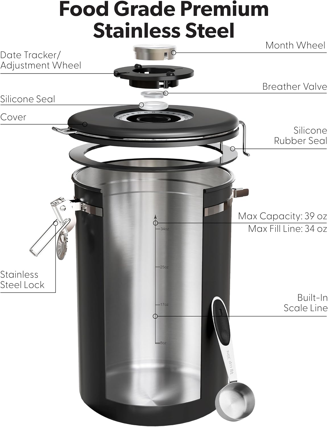 Veken Coffee Canister with Window,Airtight Stainless Steel Pantry Container,Home Kitchen Food Storage Organizers for Ground,Beans,Espresso,Rice,Tea,Sugar,Cereal, Decor,Bar Accessories,Gifts,22OZ,Black