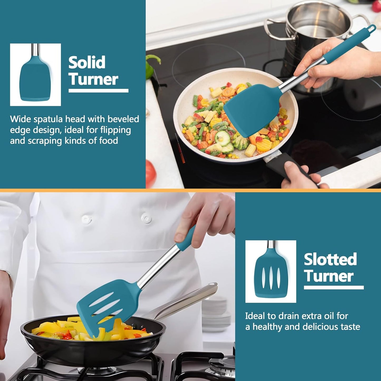 P&P CHEF Black Kitchen Cooking Utensil Set of 4, Silicone Solid Spatulas Slotted Spoons Turners for Non-stick Cookware Flipping Mixing, Heat-proof