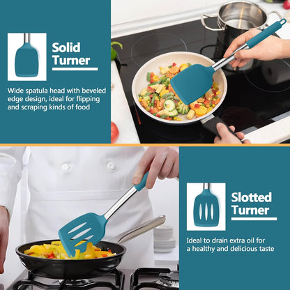 P&P CHEF Black Kitchen Cooking Utensil Set of 4, Silicone Solid Spatulas Slotted Spoons Turners for Non-stick Cookware Flipping Mixing, Heat-proof