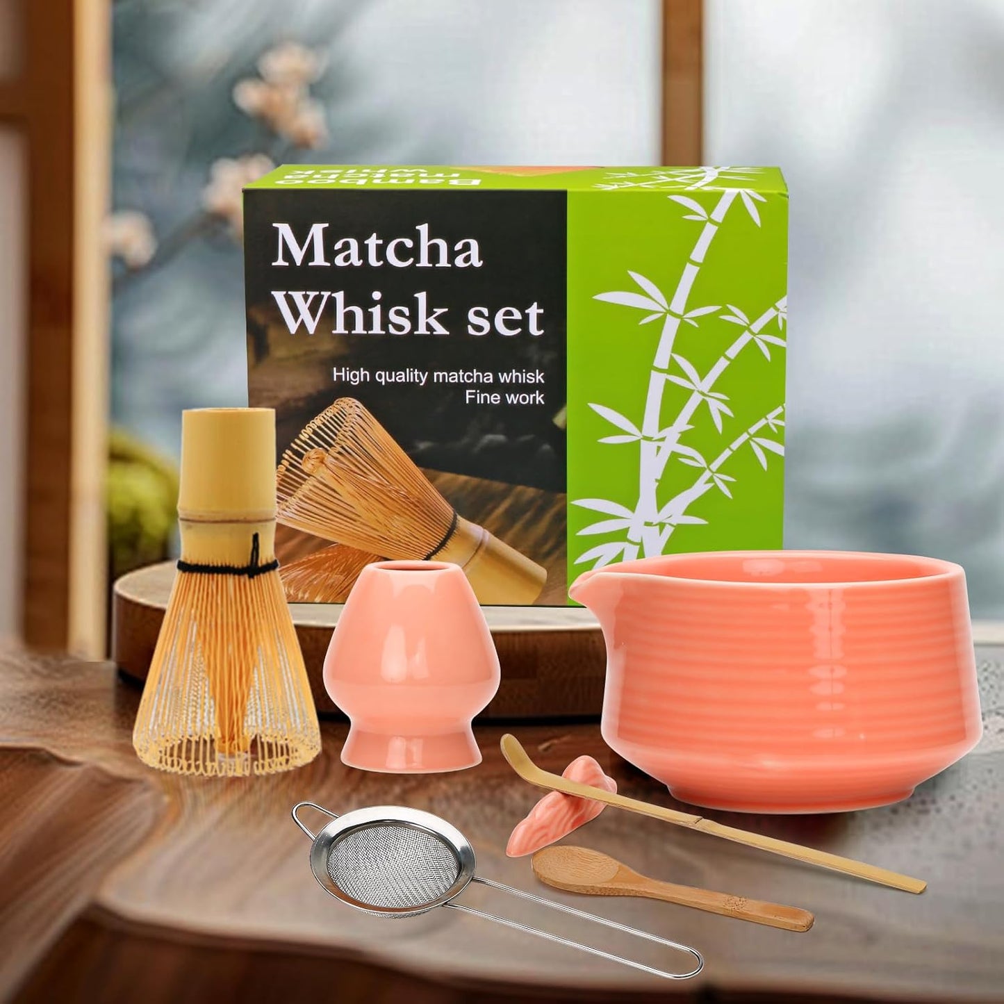 Accguan Matcha Whisk Set, 7pcs - Bamboo & Ceramic, Includes 19 oz Bowl, Whisk, Spoons, Holder, Sifter & More - Perfect for Matcha Lovers