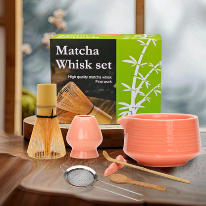 Accguan Matcha Whisk Set, 7pcs - Bamboo & Ceramic, Includes 19 oz Bowl, Whisk, Spoons, Holder, Sifter & More - Perfect for Matcha Lovers