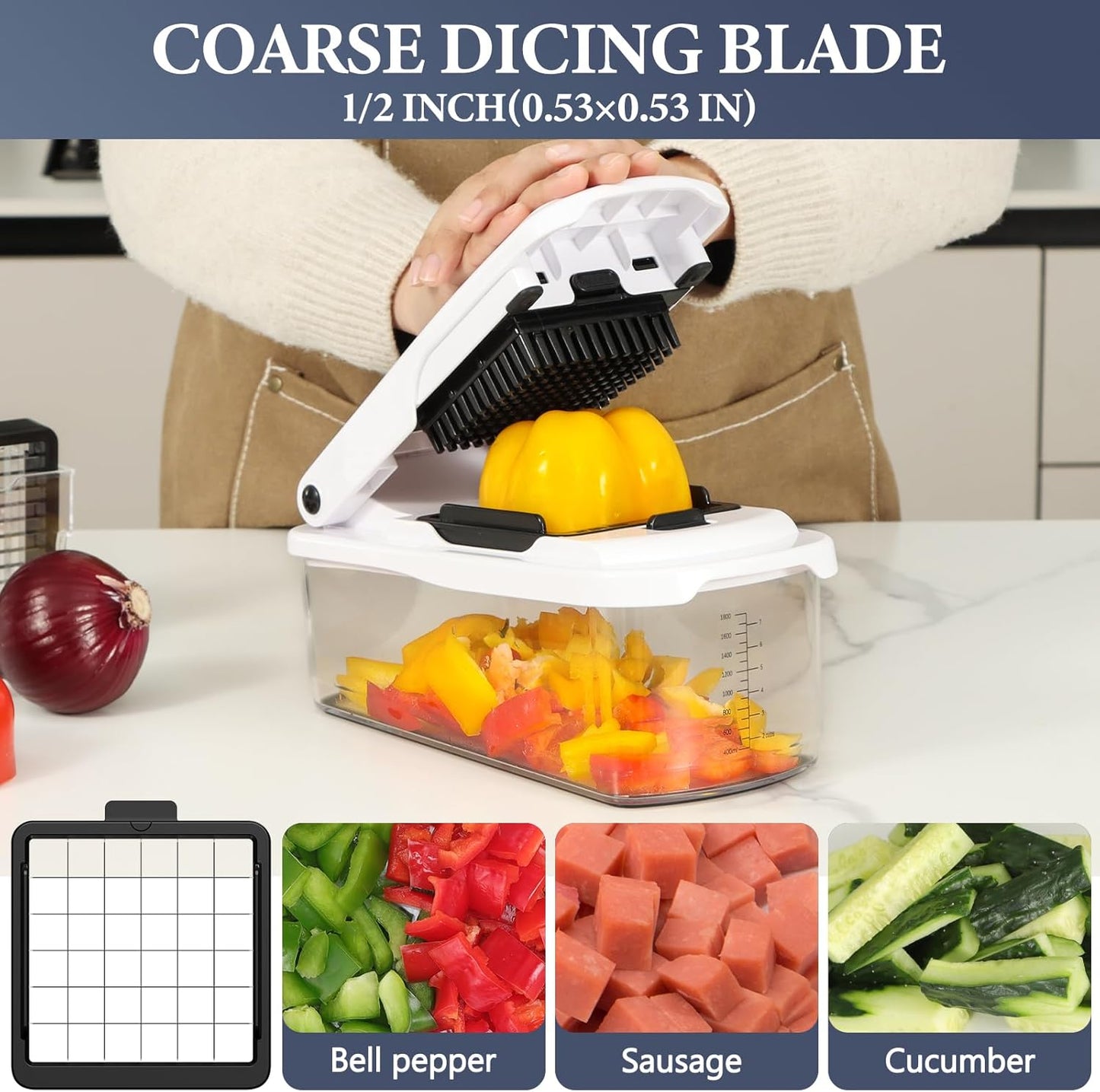 Ourokhome Veggie Chopper and Dicer with Container, Manual Hand Food Mandolin Slicer with 4 in 1 Handheld Vegetable Spiralizer for Zucchini, Potato, Onion, Essential Kitchen Gadgets (12 in 1, Gray)
