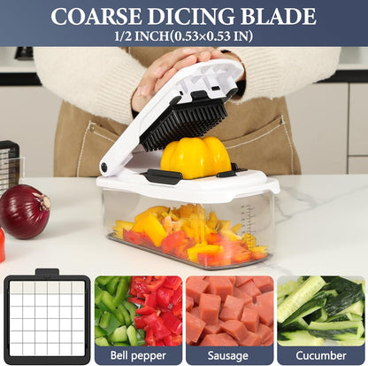 Ourokhome Veggie Chopper and Dicer with Container, Manual Hand Food Mandolin Slicer with 4 in 1 Handheld Vegetable Spiralizer for Zucchini, Potato, Onion, Essential Kitchen Gadgets (12 in 1, Gray)
