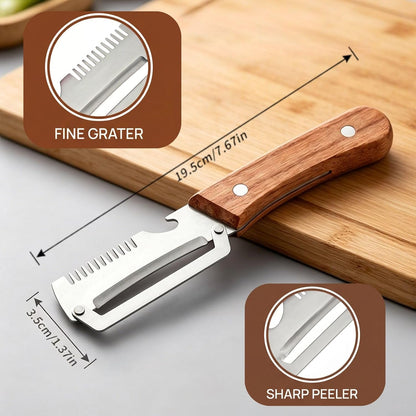 2 PCS Multi-Functional Kitchen Peeler, Professional Kitchen Tool for Chefs Fruit, 3 in 1 Multi Functional Wooden Handle Peeler and Bottle Opener, Kitchen Gadgets for Potato, Carrot, Pumpkin, Apple