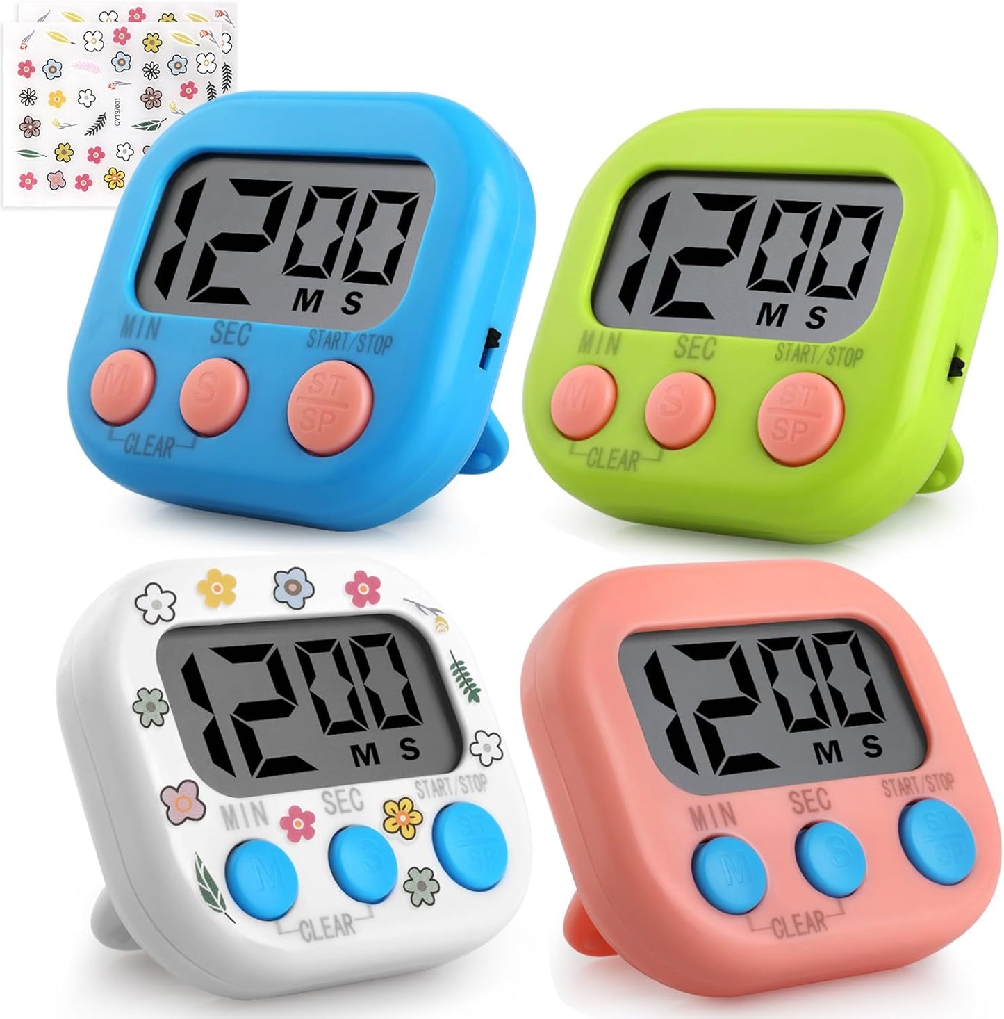 GeeRic Kitchen Timers 4 Pack, Electronic Timers with Loud Alarm for Cooking, Magnetic Digital Timers Big LCD Display Blue Green Pink White (No Battery Included)