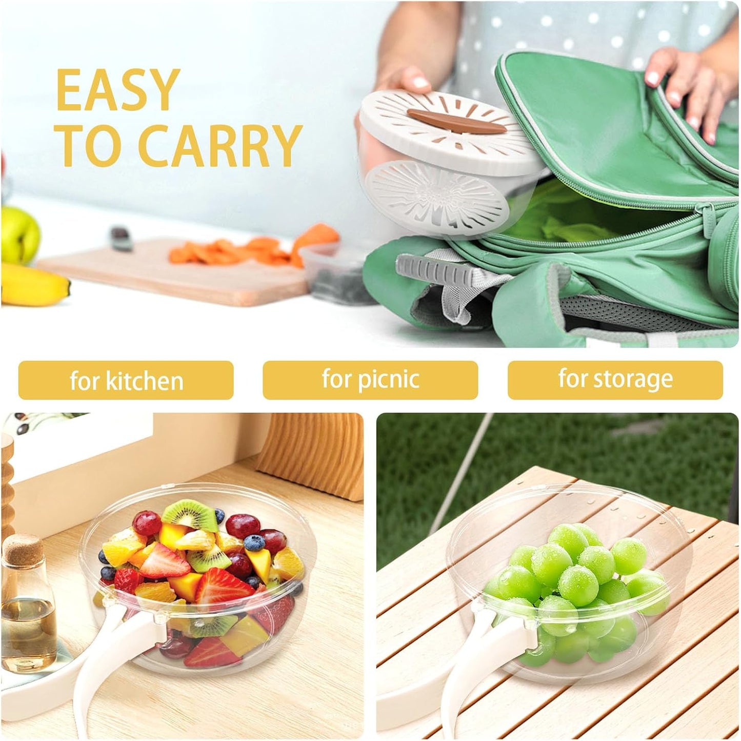 Fruit Washer Strainer Bowl with Foldable Handle, 2 in 1 Fruit Washing Bowl with Strainer with 15 Pcs Food Storage Bags, Fruit Colander Storage Container for Kitchen Fridge Picnic, Brown