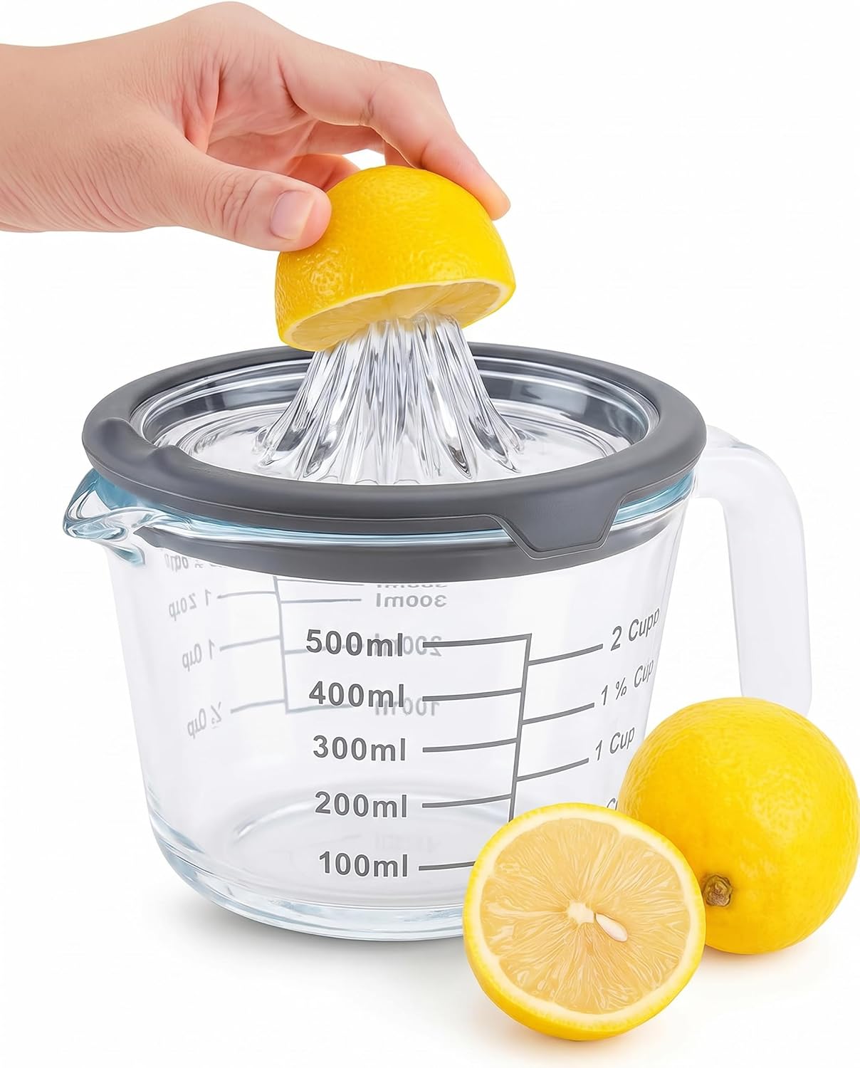Cartman Glass Citrus Lemon Orange Juicer, Gray Manual Hand Squeezer, Glass Citrus Reamer, Lemon and Lime Manual Squeezer,Kitchen tool,Ounce Measuring Cup