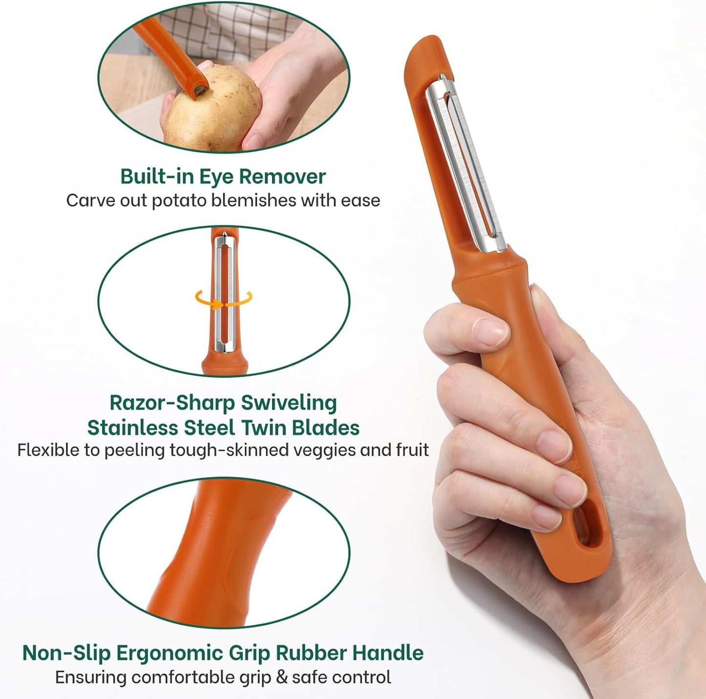Beneno Swivel Vegetable Peeler, Razor-Sharp Smooth Peeling Potato Peelers with Stainless Steel Blades, Ergonomic Comfort Non-Slip Rubber Handle, Durable Kitchen Peelers with Potato Eye Remover, Black