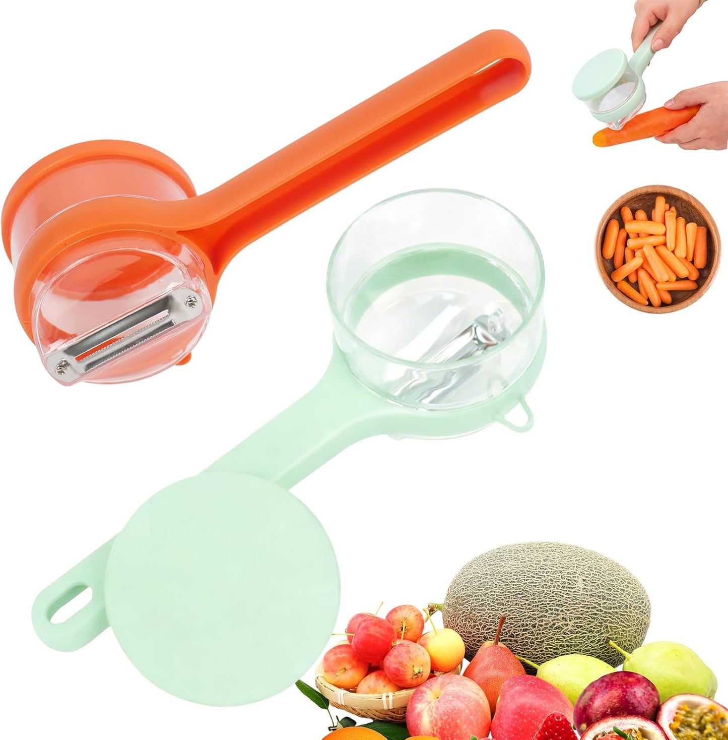 Vegetable Peeler with Container, Stainless Steel Potato Peeler and Fruit Peeler with Storage Box, Multi-Function Veggie Peeler with Peel Catcher for Home Kitchen (Orange)