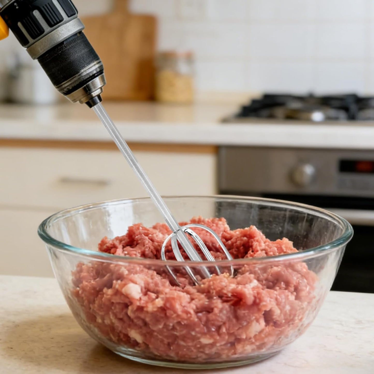 Meat Grinder & Egg Beater Drill Attachment, 304 Stainless Steel Mixer Tool for Standard Electric Drills for Ground Meat Patties Dough Cream & Batters (Silver)