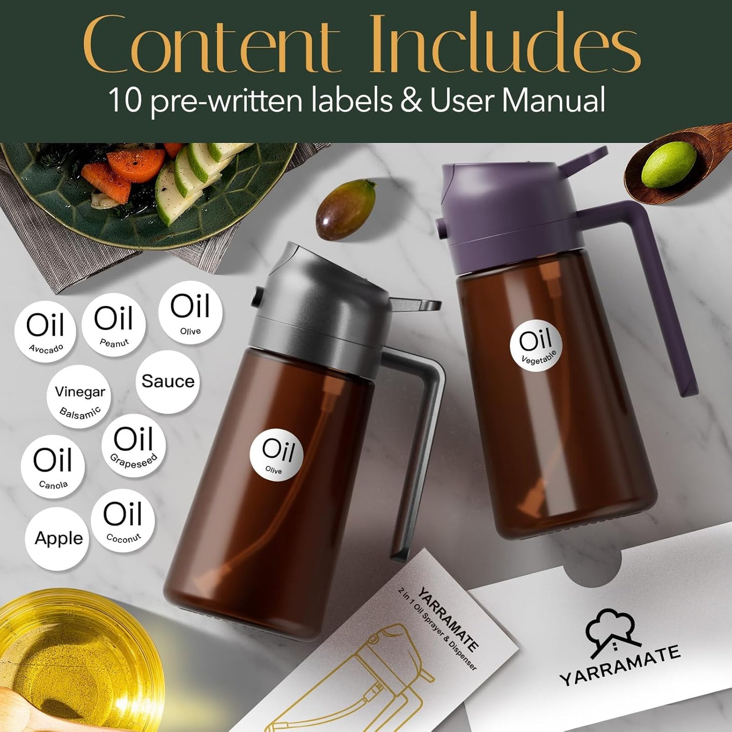 YARRAMATE 2Pcs 16oz/470ml Dark Brown Oil Sprayer for Cooking with Stickers, Food-grade Premium 2 in 1 Olive Oil Dispenser Bottle for Kitchen Gadgets, Air Fryer, Salad, Frying, BBQ (Black&OliveGreen)