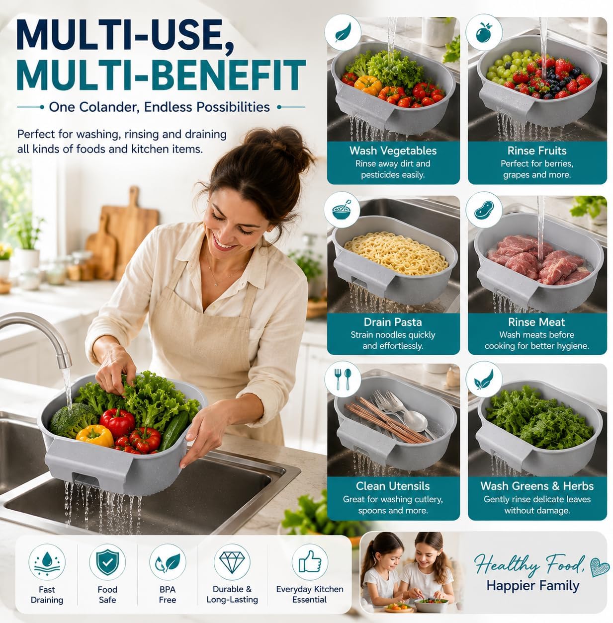 Kitchen Sink Strainer Basket with Handle – Over Sink Colander for Rinsing Fruits Vegetables Draining Pasta Defrosting Food Air Drying Dishes – BPA-Free Dishwasher Safe – Blue 9.5"×6.5"×3.9"