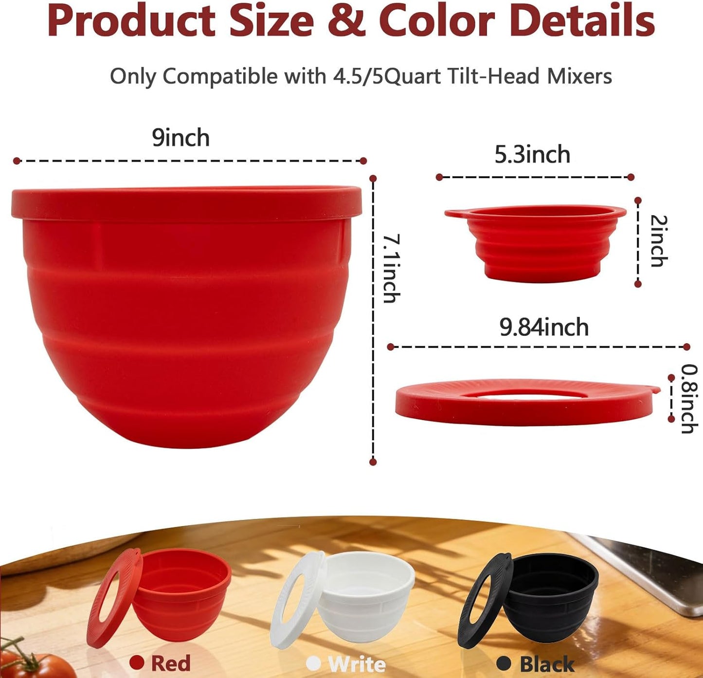 Silicone Bowl Liner for KitchenAid Mixer 4.5/5QT, Collapsible Mixing Bowl Insert with Airtight Lid, Food Grade Silicone KitchenAid Stand Mixer Bowl Liner, Heat Resistant, Dishwasher Safe, 1 (Black)