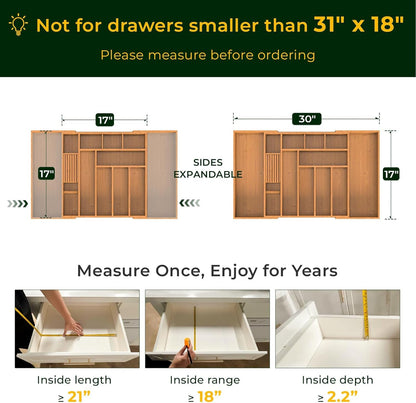 keechee Carbonized Bamboo Kitchen Drawer Organizer, 10 Slots Expandable Silverware Organizer, Utensil Holder & Cutlery Tray, 2.2" Deep for Extra Capacity, Non-Slip Feet Included