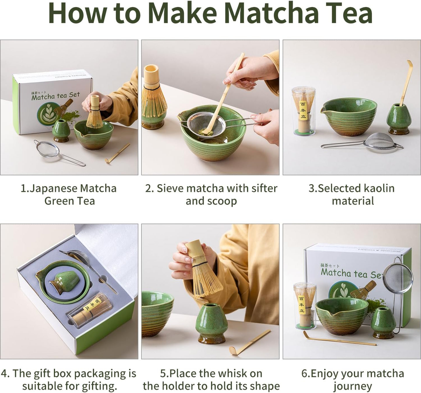 Traditional Matcha Tea Ceremony Set with Ceramic Bowl, Bamboo Whisk, Stand and Strainer, 5-Piece (yellow)