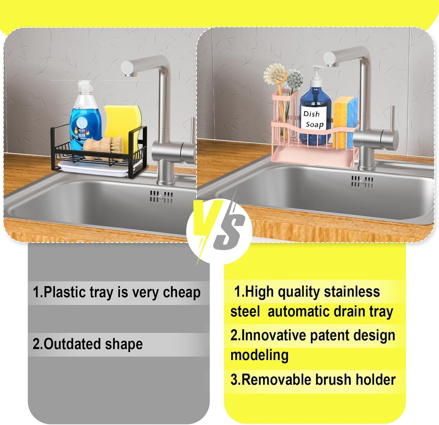 Fssvcd Maifan Sink Caddy Sponge Holder for Kitchen with Brush Holder and Stainless Steel Self Drain Tray, Rustproof Kitchen Sink Organizer for Sponge, Soap Dispenser Storage Accessories
