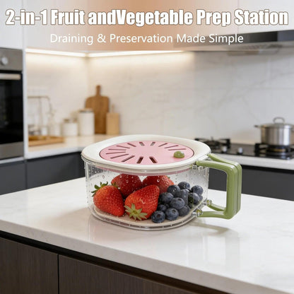 Multifunctional Fruit Washing Bowl with Strainer, 2-in-1 Draining and Preservation with Lid, Foldable Handle Vegetable Basket, Fruit Storage Basket for Kitchen Camping(Blue)