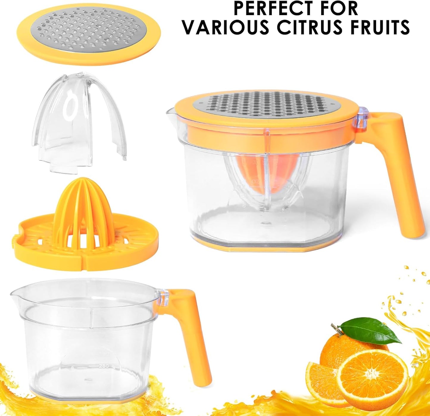 Lemon Squeezer 4-in-1 Lemon Hand Juicer - ChefVille Manual Orange Juicer Multifunctional Lemons Lime Squeezer, Citrus Juicers Press Fruit with Detachable Comfortable Handle, 16.9oz Capacity (ORANGE)