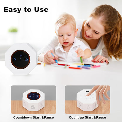 Small Rechargeable Pomodoro Timer, Gravity Sensor Auto-Rotating 7 Preset Times (1/3/5/15/30/60/90 min) & Count Up Mode, Digital Kitchen Timers for Cooking, Work and Study (Pearl White)