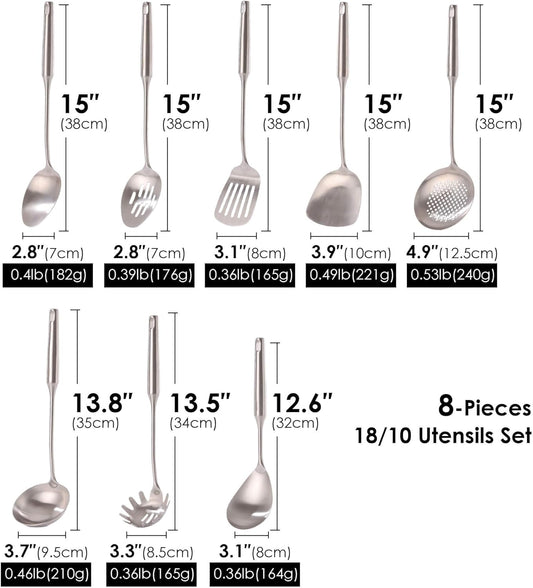 18/10 Stainless Steel Kitchen Utensils Set - 15” All Metal Cooking Tools, 11PCS - 2 Tongs, Fork, Solid Spoon, Slotted Spoon, Spatula, Soup Ladle, Skimmer, Slotted Spatula, Spaghetti Spoon, Large Spoon
