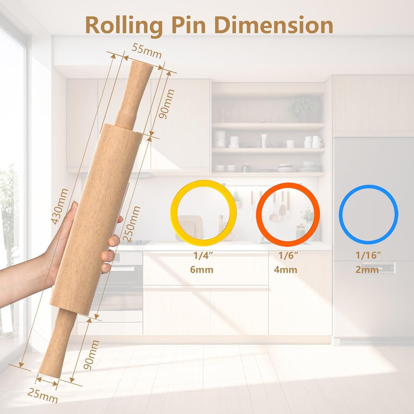 Classic Wooden Rolling Pin with Handle and Pastry Mat for Fondant, Pizza, Pies, Cookies, Rolling Pin for Baking with 3 Multi-Color Thickness Rings, 17" x 2.5" Natural Beechwood