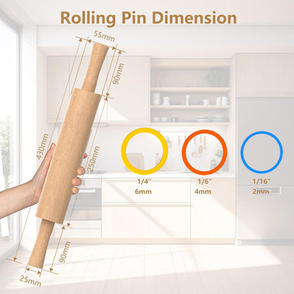 Classic Wooden Rolling Pin with Handle and Pastry Mat for Fondant, Pizza, Pies, Cookies, Rolling Pin for Baking with 3 Multi-Color Thickness Rings, 17" x 2.5" Natural Beechwood