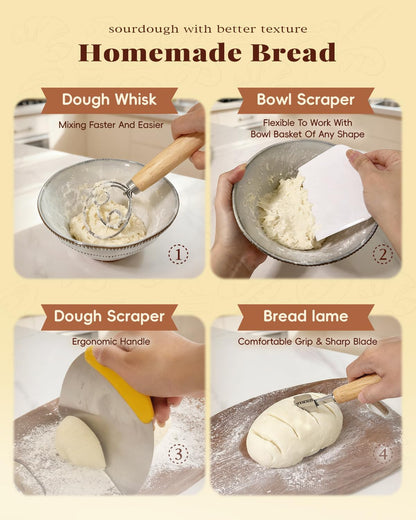 TAOMAND Complete Sourdough Starter Kit for Beginners & Manual | Sourdough Bread Baking Supplies with Round & Oval Banneton Bread Proofing Basket, Bread Sling, Starter Jar, Dough Whisk, Scrapers & Bag