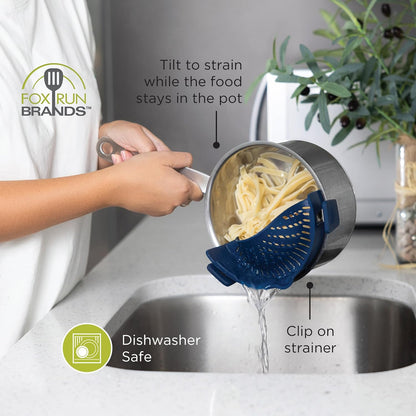 Fox Run Silicone Clip On Pot Strainer, Navy Kitchen Strainer For Pots, Pans and Bowls