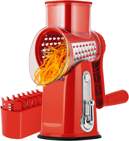 SUSTEAS Rotary Cheese Grater with Handle - Vegetable Shredder with 5 Well-designed Blades & Strong Suction Base,Round Mandoline Slicer & Food Chopper for Kitchen,with Blade Storage Box(Beige)