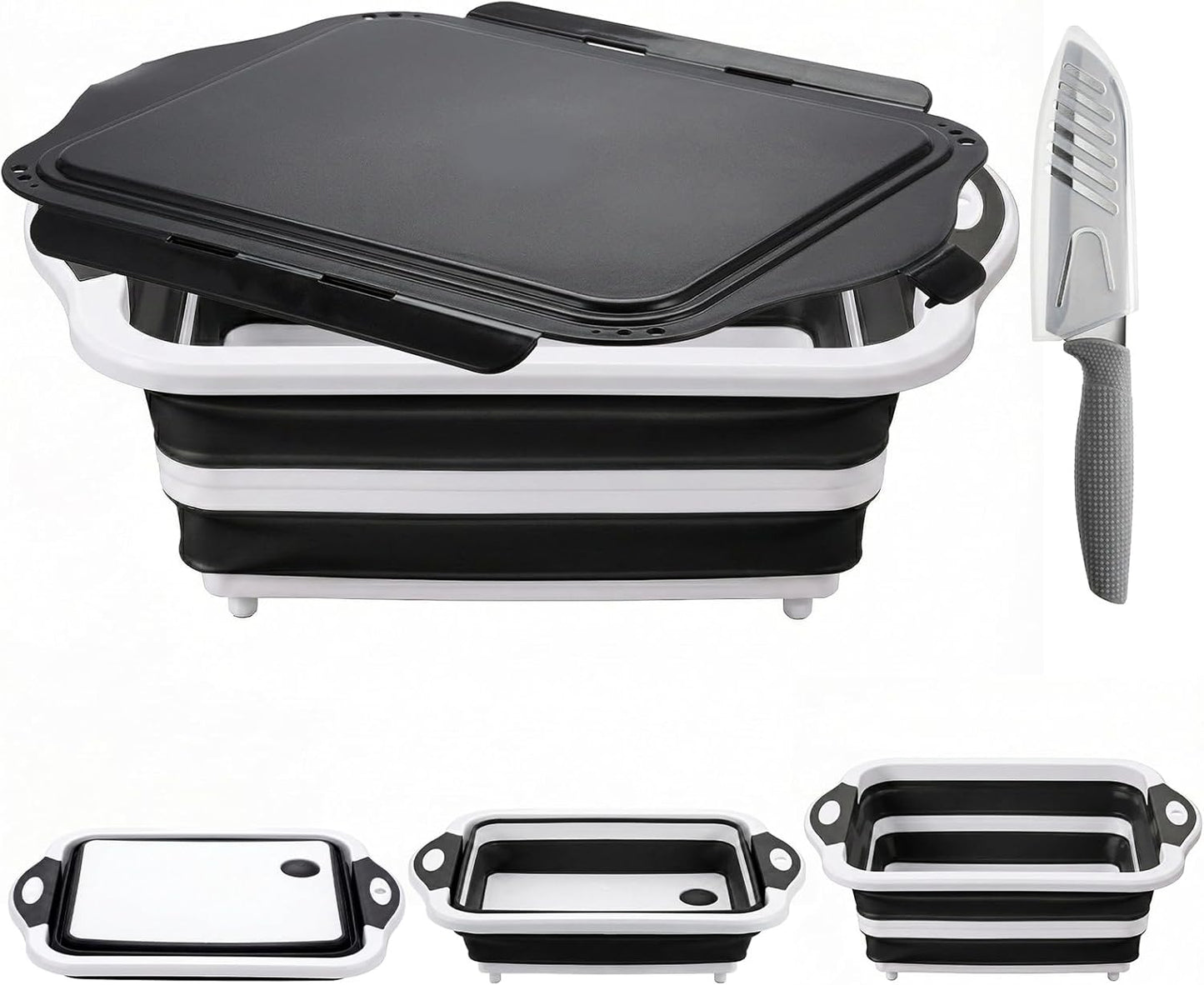 Collapsible BBQ Prep Tub with Lid, Foldable Camping Sink with Colander, Cutting Board, Dish Basin for Kitchen, Bowl, Vegetable and Fruit, Storage Basket for Picnic-Black