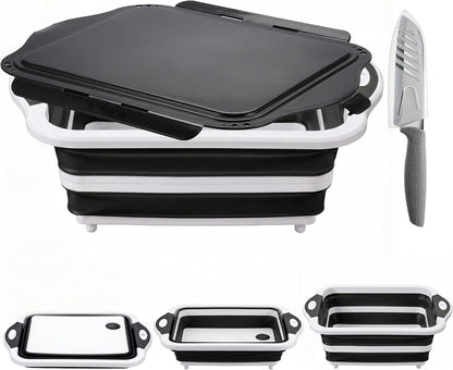 Collapsible BBQ Prep Tub with Lid, Foldable Camping Sink with Colander, Cutting Board, Dish Basin for Kitchen, Bowl, Vegetable and Fruit, Storage Basket for Picnic-Black