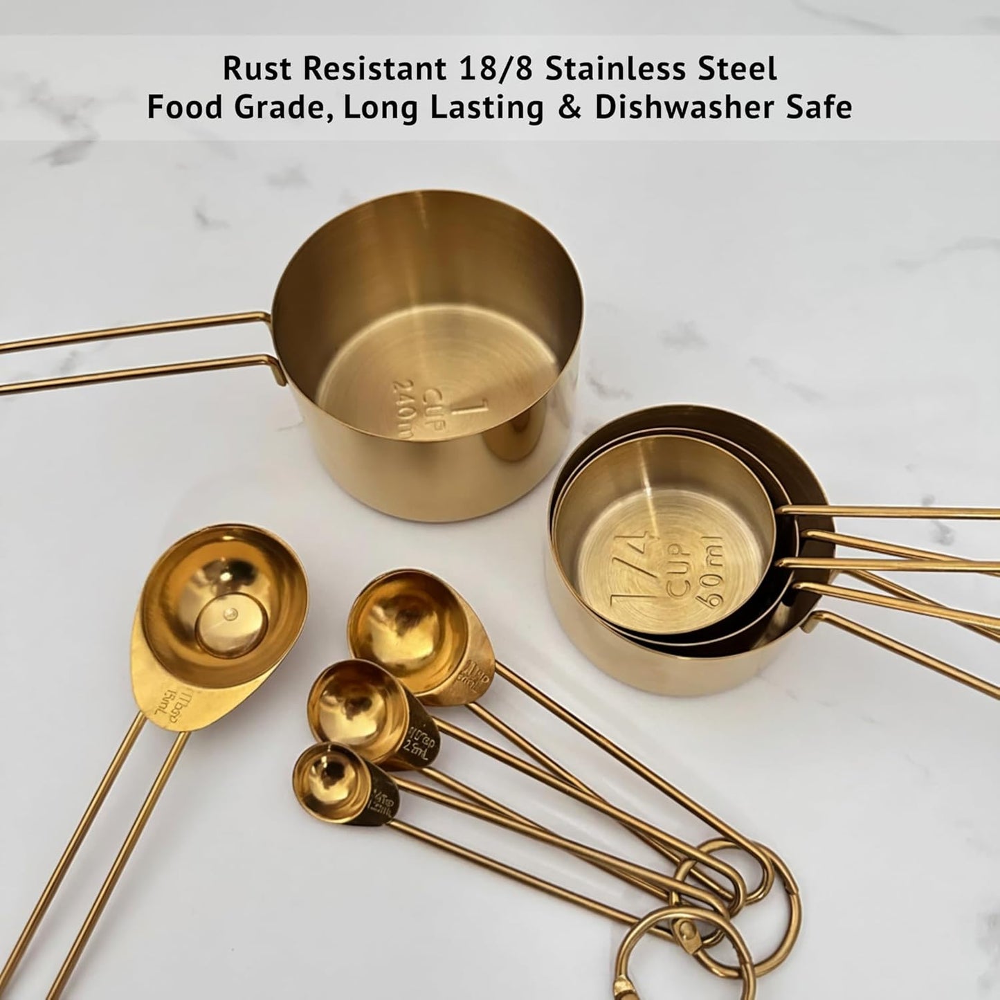 Silver Stainless Steel Measuring Cups and Spoons Set, 8 Piece, Engraved Measurements, Durable Nesting Kitchen Set