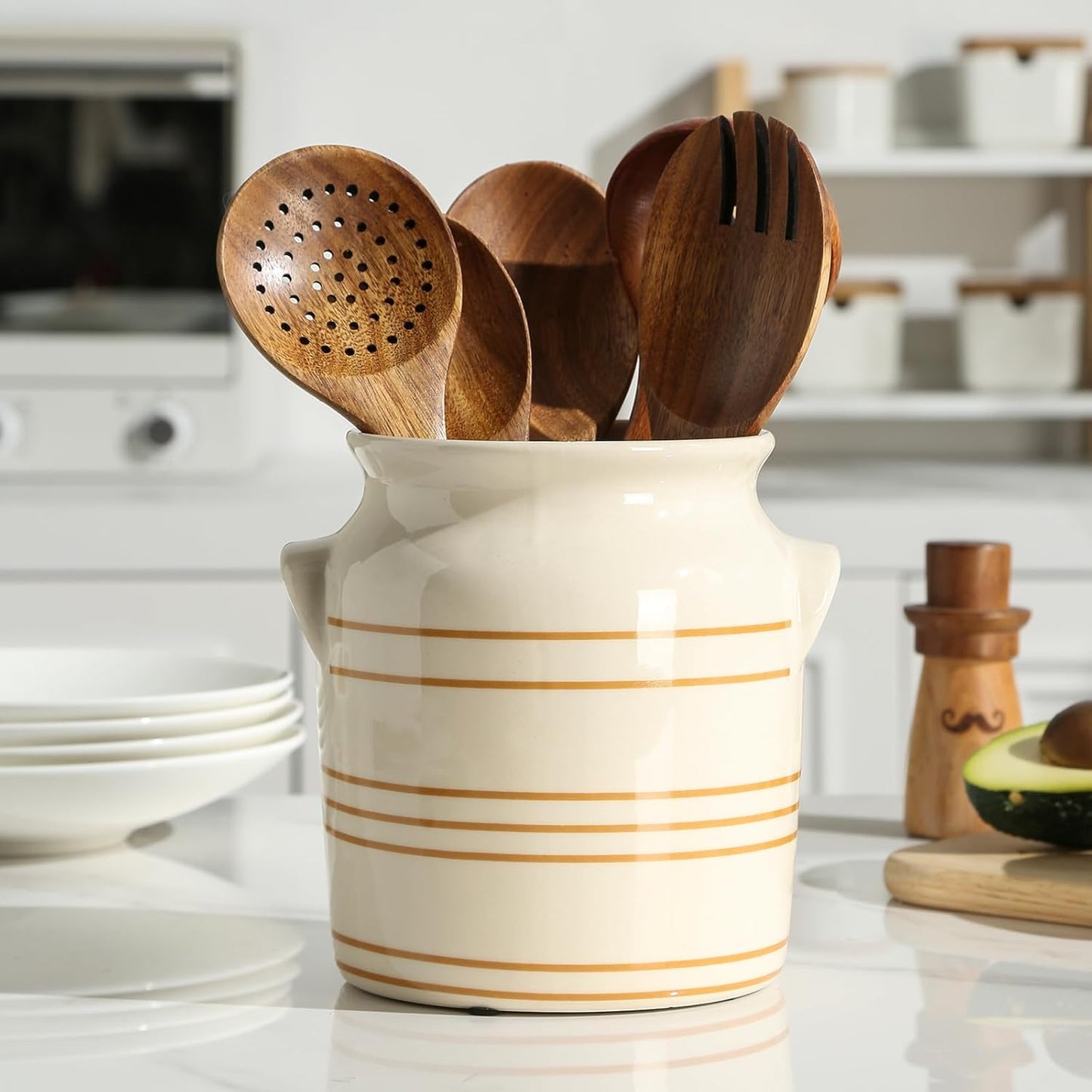 Ceramic Farmhouse Kitchen Utensil Holder for Countertop, Rustic Cooking Utensil Holder Crock Fit for Kitchen Counter. 6*6.8*6.7 IN