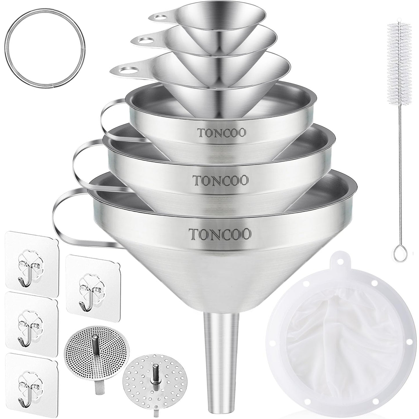 Toncoo 3 Pack Stainless Steel Funnels for Kitchen Use, Food Grade Cooking Funnel with 3 Strainer, Kitchen Funnel Set Metal Funnels for Filling Bottles