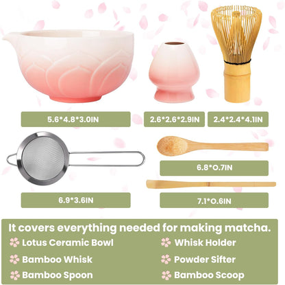 Matcha Whisk Set, Sakura Blue Ceramic Matcha Set Includes Matcha Bowl, Matcha Whisk (Chasen) and Holder, Sifter, Bamboo Scoop & Spoon - 6 Pcs Matcha Kit for Matcha Lovers