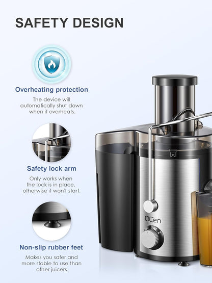 Qcen Juicer Machine, 500W Centrifugal Juicer Extractor with Wide Mouth 3” Feed Chute for Fruit Vegetable, Easy to Clean, Stainless Steel, BPA-free (Black)