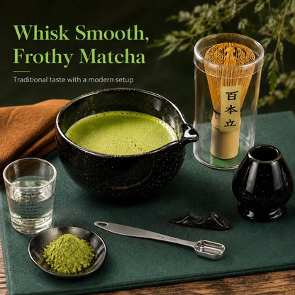 Matcha Tea Set – Traditional Japanese Matcha Kit with Bamboo Whisk (Chasen), Bowl (Chawan), Scoop (Chashaku) & Holder – Premium Matcha Starter Set for Beginners & Tea Lovers