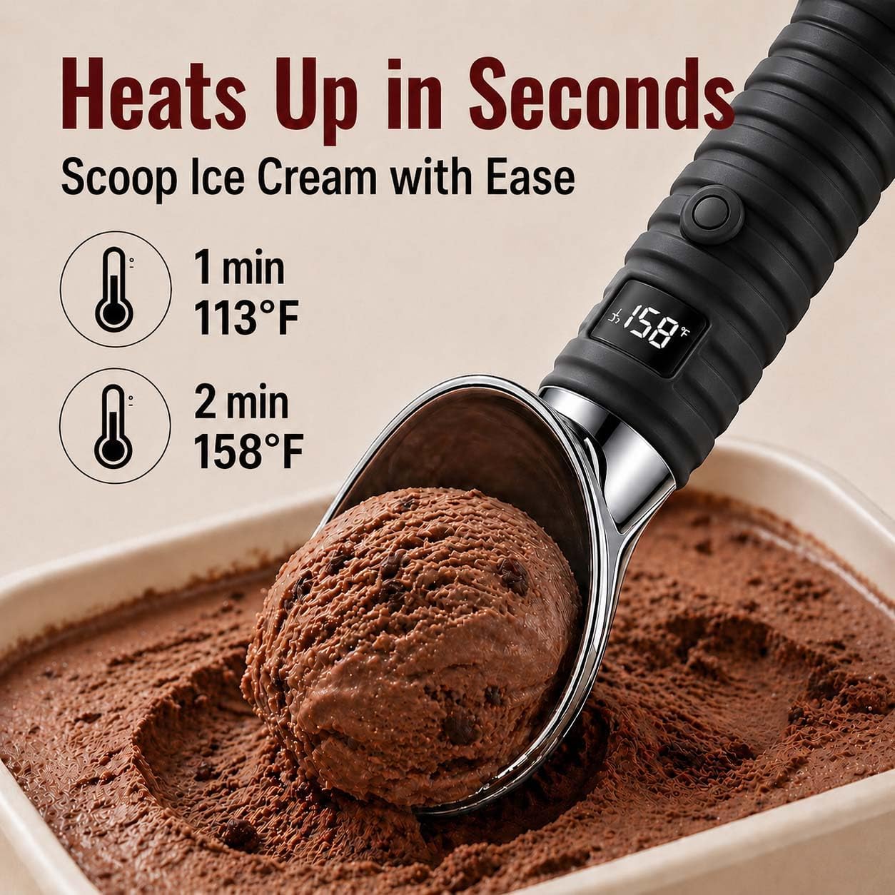DLUCK Heated Ice Cream Scoop for Hard Ice Cream, Gelato & Frozen Desserts, Electric Ice Cream Scooper with Smart Temperature & Battery Display, USB-C Rechargeable, Durable One-Piece Design (White)