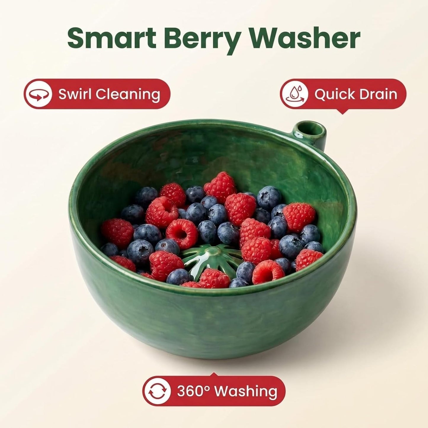 Berry Ceramic Bowl, Ceramic Fruit Washer, Vortex Washing Berry Washing Bowl with Drain Holes, Rinse & Drain Fruit Washing Bowl for Kitchen Prep Berries Grapes Vegetables Home Daily Use (1)