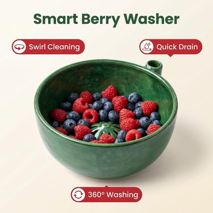 Self Spinning Fruit Washing Bowl, Automatic Rotating Berry Washer Spinner with Drain, Plastic Kitchen Strainer Basket for Fruits Vegetables Strawberries Blueberries