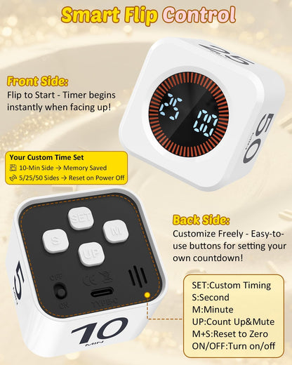 Digital Pomodoro Timer Cube 5/10/25/50min, Visual Productivity Flip Timer for Kids Classroom Desk, Custom Countdown, Silent and Sound Mode for ADHD Study Work Game Kitchen (Orange)