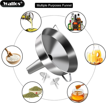 Stainless Steel Funnel, Walfos 3 Pack Kitchen Funnel with 2 Removable Strainer ＆ 1Pcs Cleaning Brush, Perfect for Transferring of Liquid, Oils, Jam, Dry Ingredients & Powder