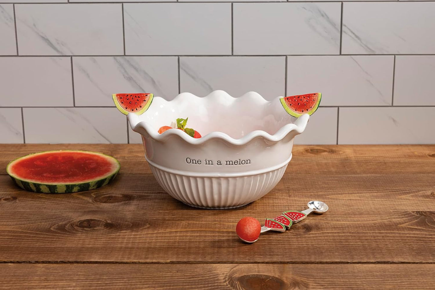 Mud Pie White Ceramic Melon Bowl and Melon Baller Utensil Set