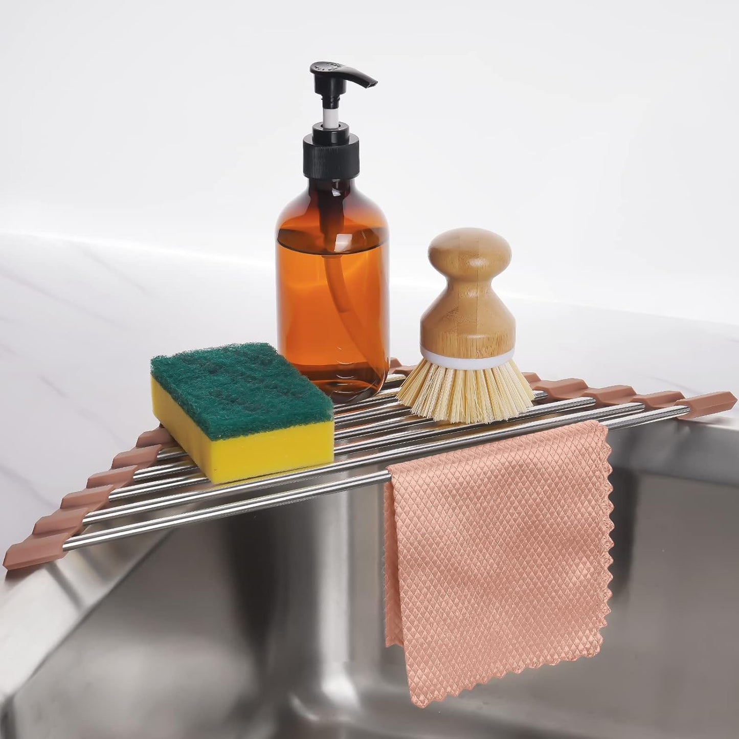 Tomorotec Triangle Foldable Dish Drying Rack, Small Roll-Up Stainless Steel Over Sink Drainer for Kitchen Sink Corner, Rustproof Multipurpose Organizer(Pink)